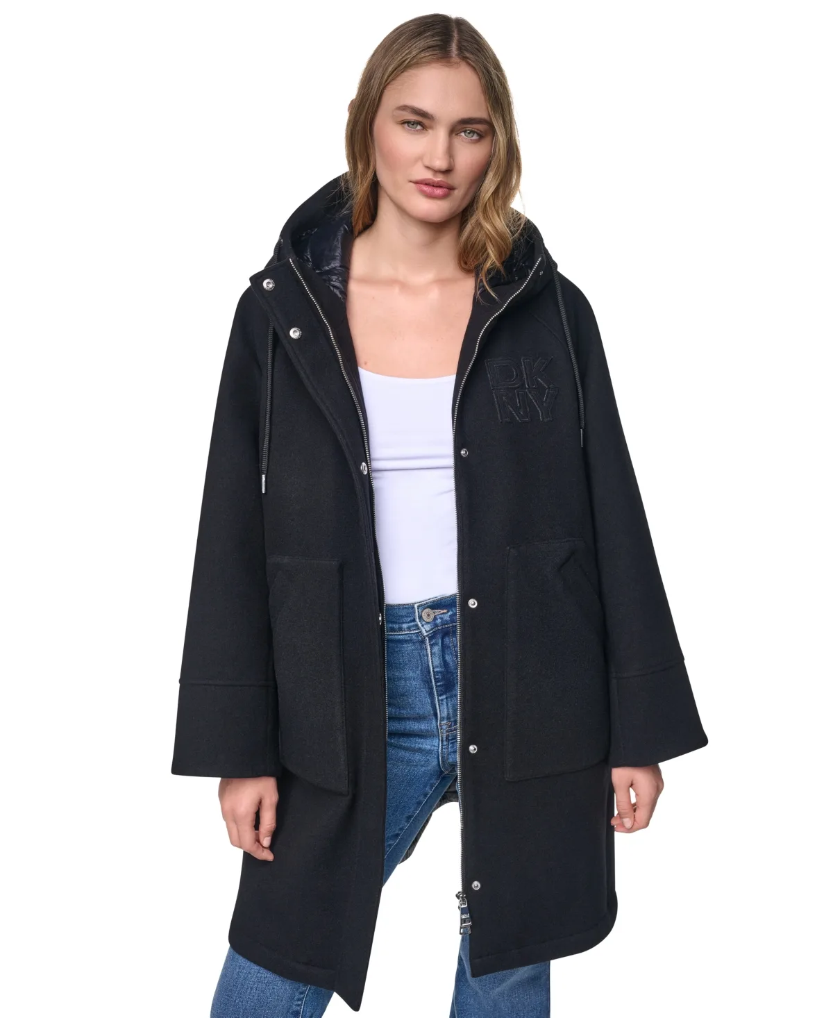 Jeans Mix Media Hooded Quilted Puffer Coat by DKNY