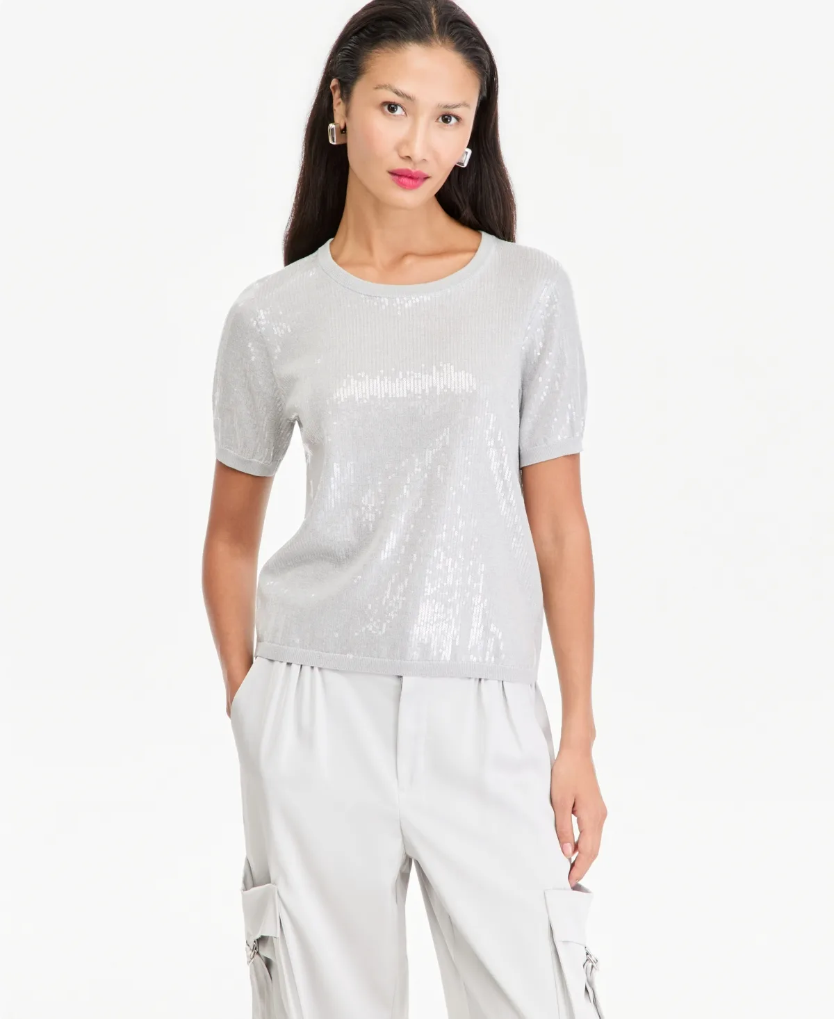 Sequin Short-Sleeve Crewneck Sweater