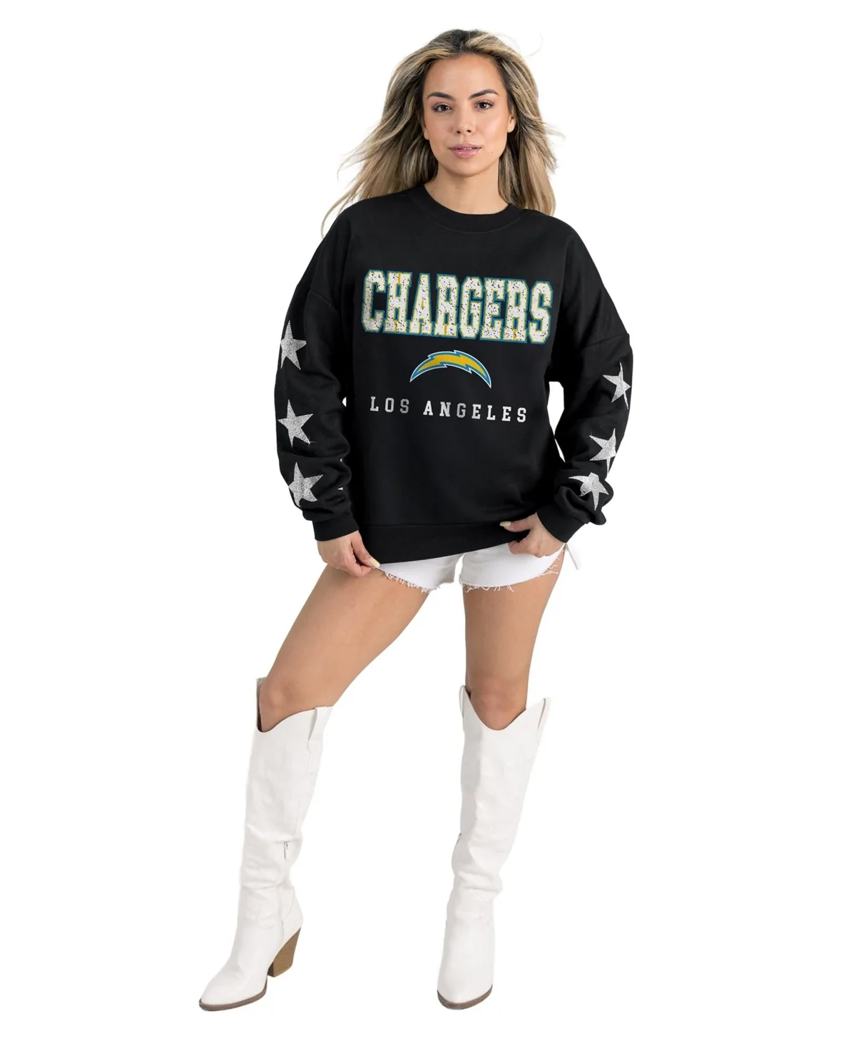 Los Angeles Chargers Velocity Relaxed Rhinestone Pullover Sweatshirt