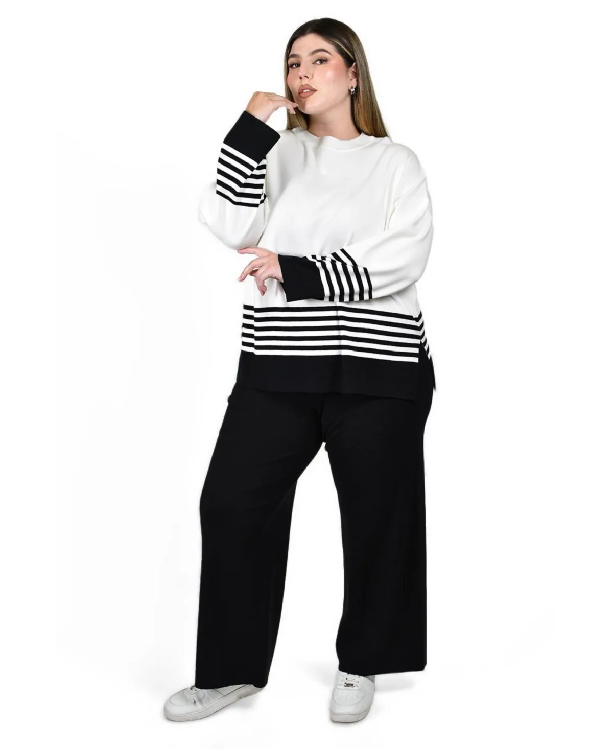 Striped Oversized Sweater and Wide-Leg Pants, 2-Piece Set by Roman Fashion