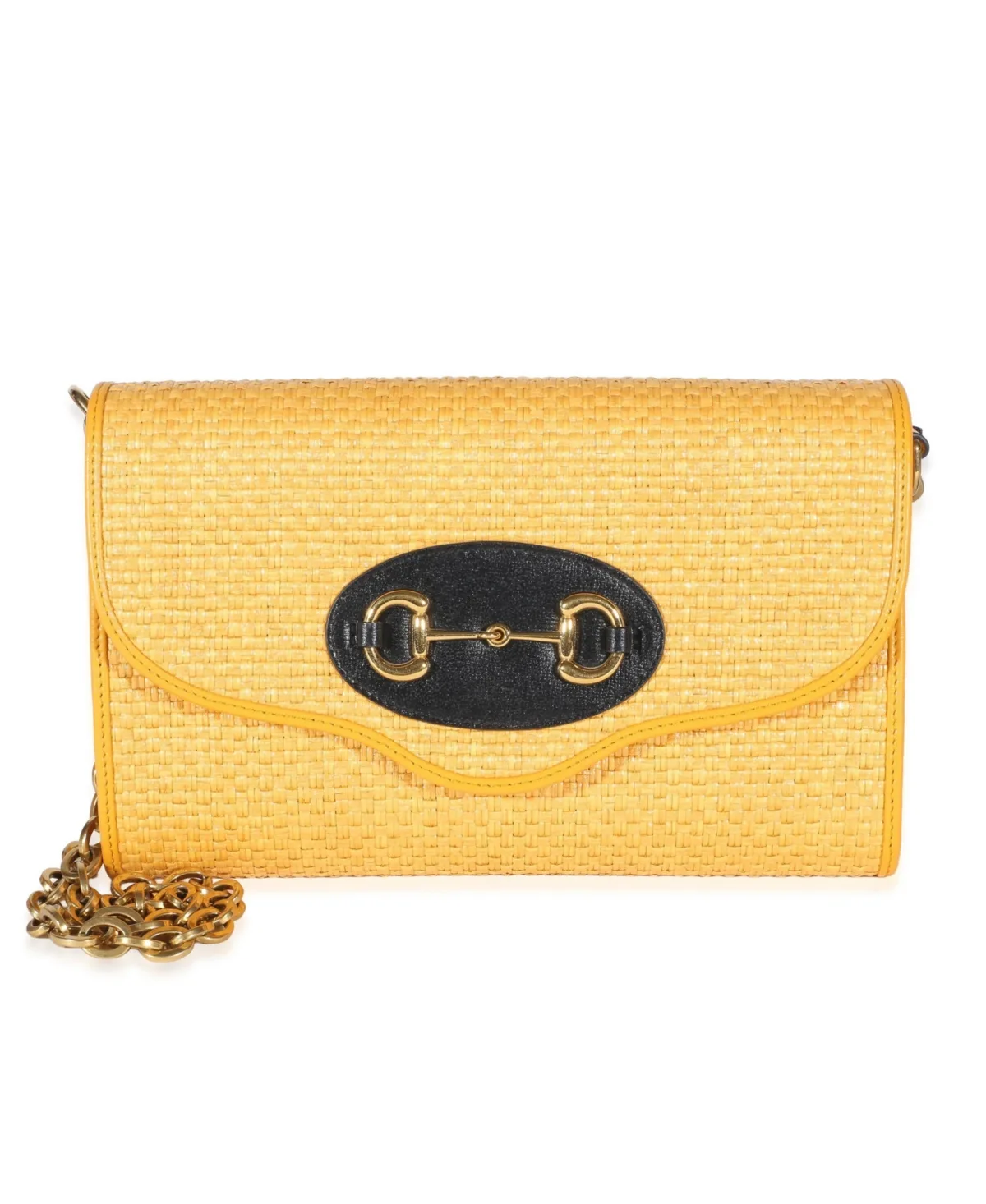 Pre-Owned Yellow Raffia Azalea Calfskin Small Horsebit 1955 Chain Shoulder Bag by Gucci