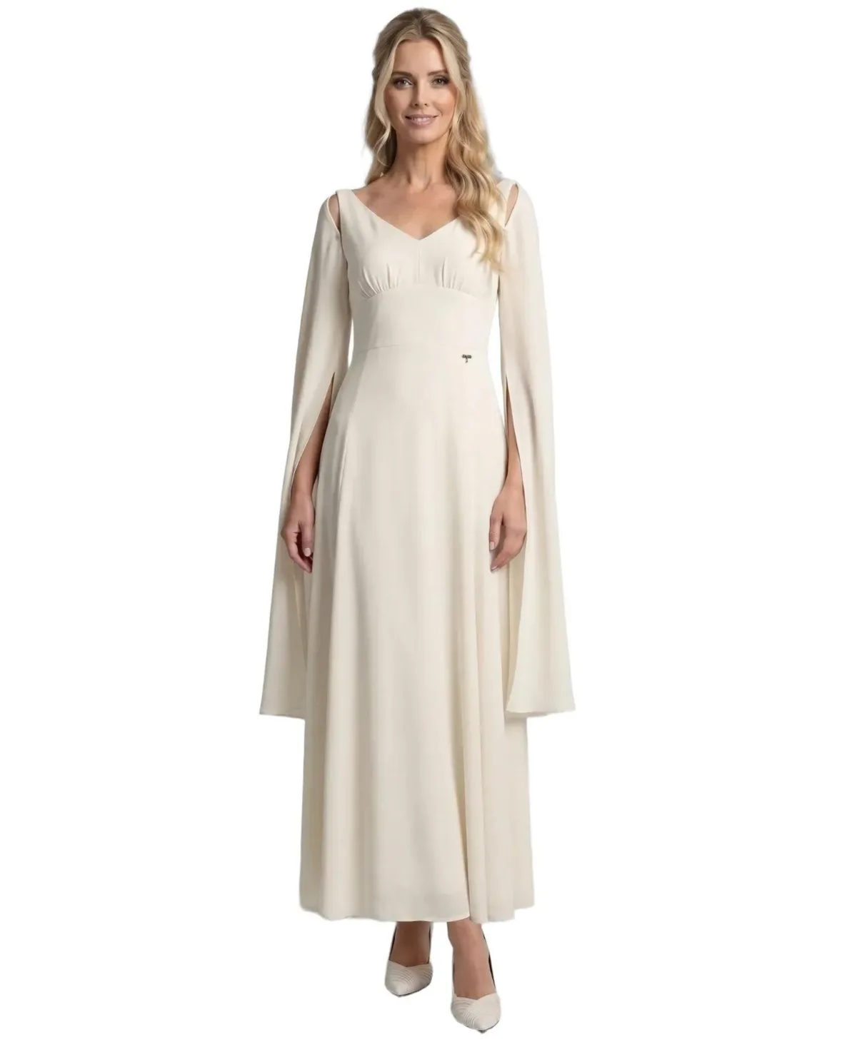 Rebeka Removable Cape Sleeves Empire Waist Chiffon Gown by Luna Fashion House