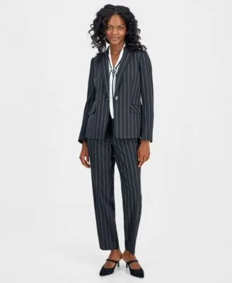 Notch Lapel Pinstripe Jacket Tie Neck Sleeveless Blouse Ava Straight Leg Pinstripe Pants by Kasper