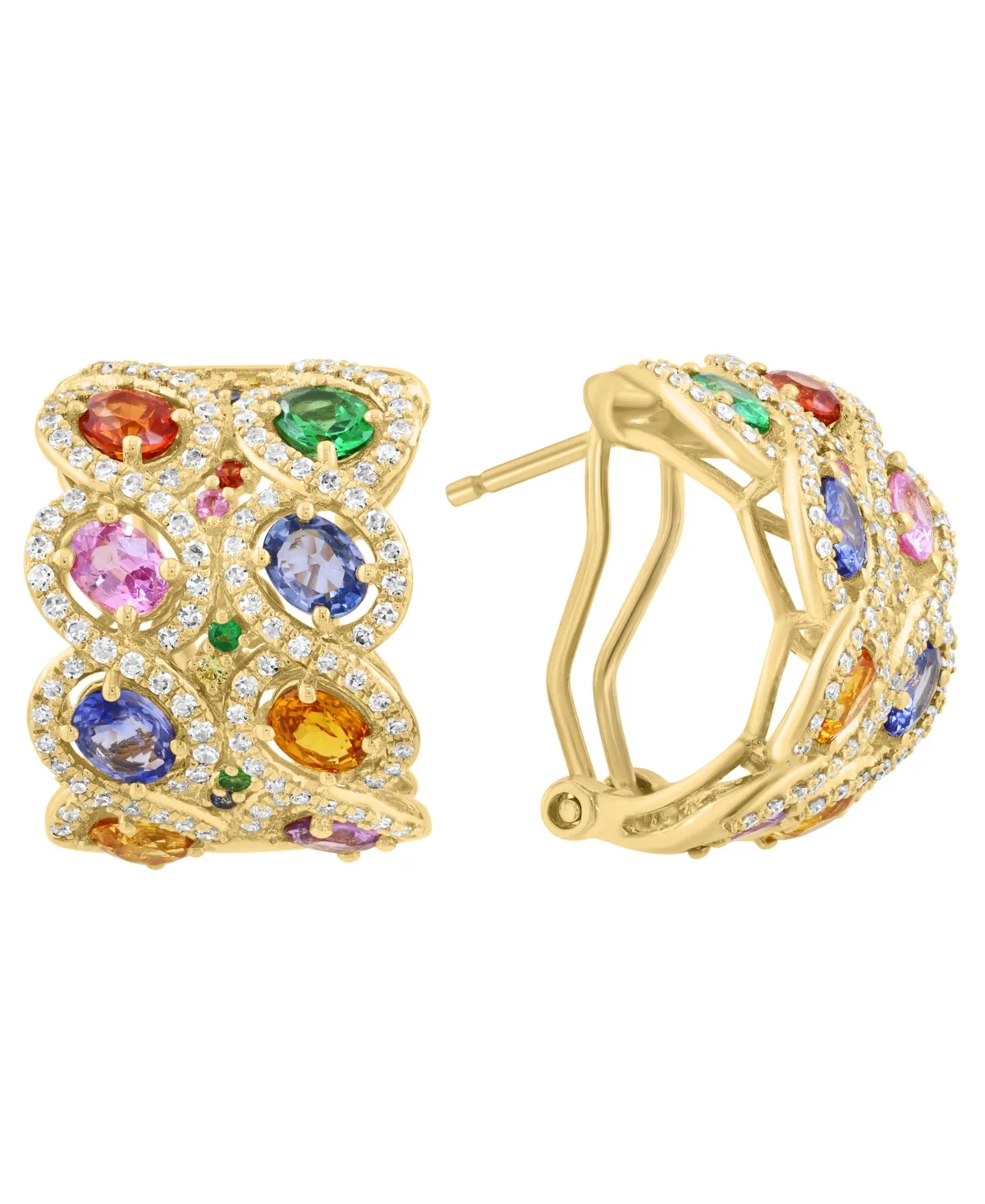 Diamond and Multi-Stone Huggie Earrings (5/8 ct. t.w. Diamond, 3-1/6 ct. t.w. Multi-Stone) in 14k Yellow Gold by Effy Collection