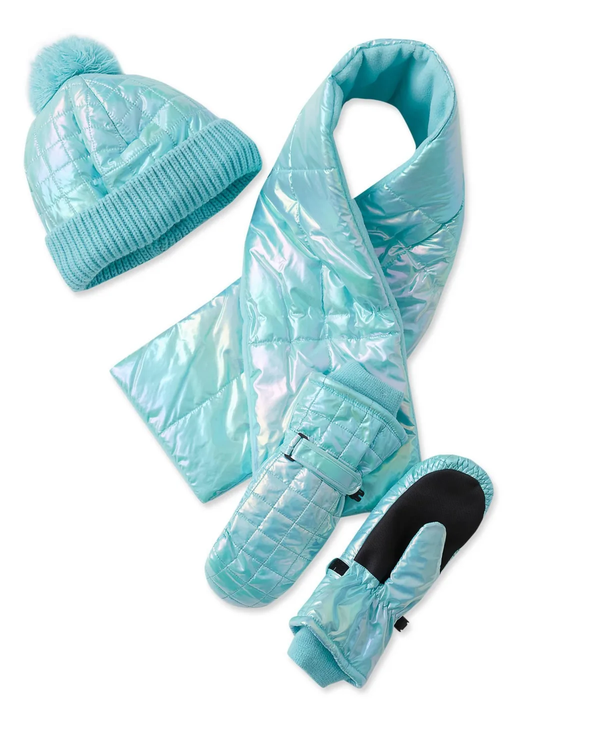 Iridescent Fleece-Lined Pom-Pom Hat, Scarf and Mittens, 3-Piece Set by Lands' End