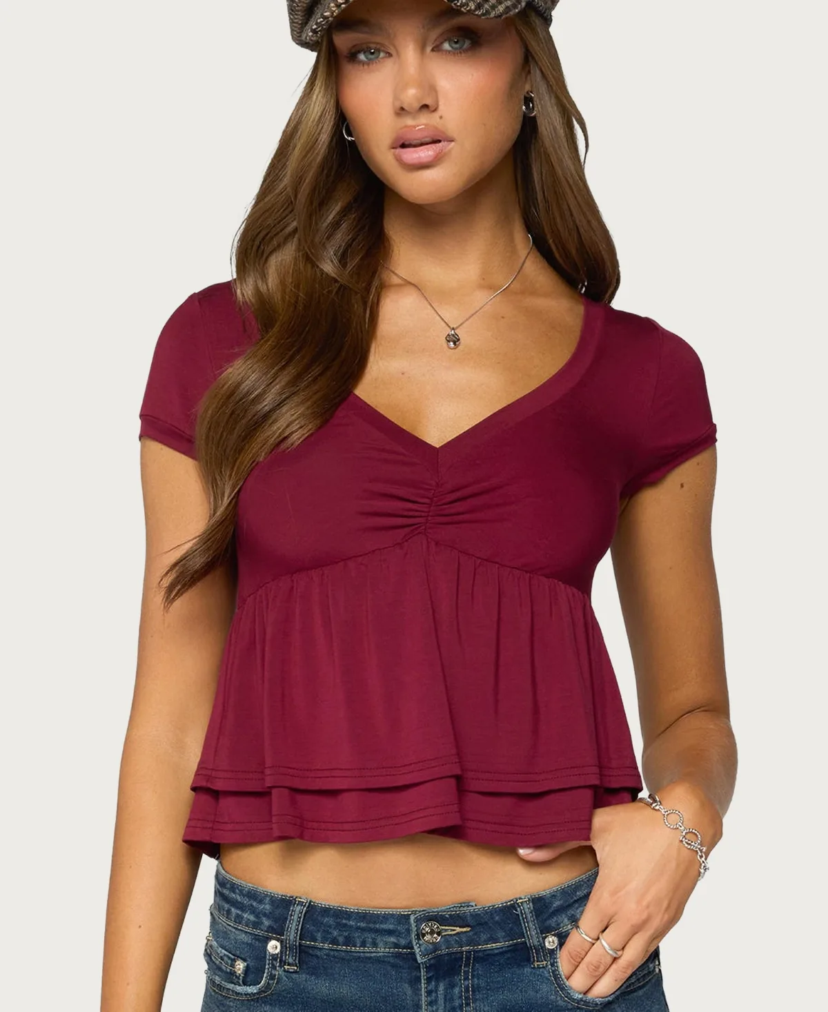 Fontene Short-Sleeve V-Neck Babydoll Top by Edikted