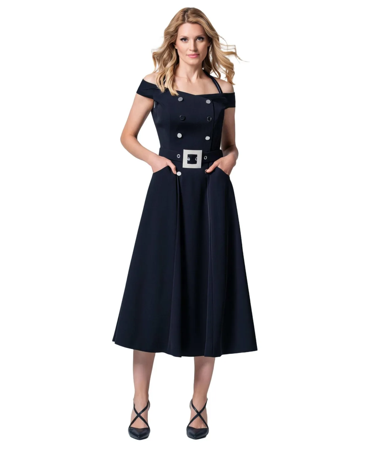 Greta Off-Shoulder Double-Breasted Belted Midi Dress