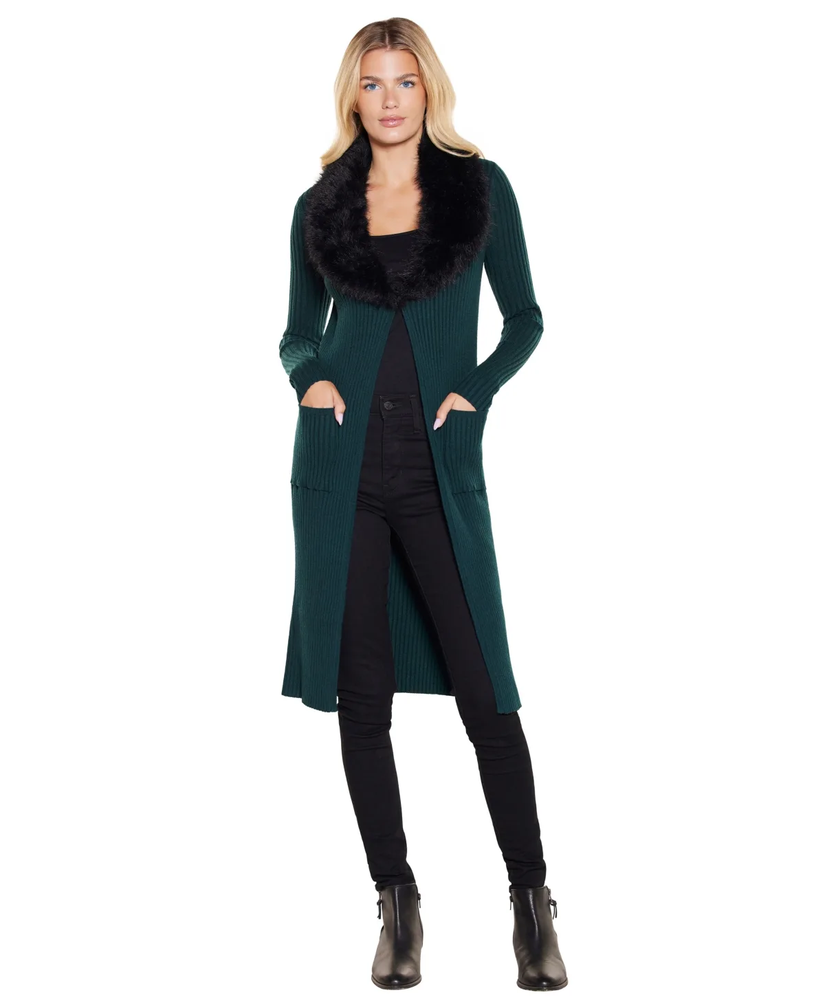 Label Faux-Fur Collar Duster Cardigan by Belldini