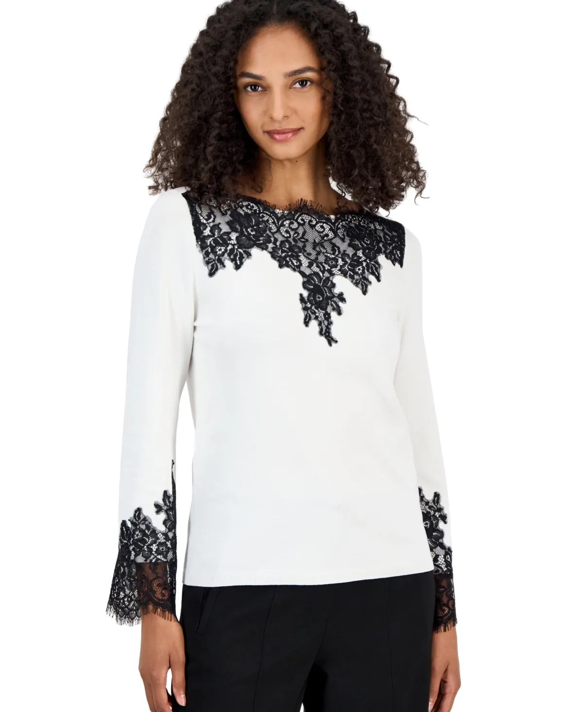 Boat Neck Long-Sleeve Lace Trim Sweater by Anne Klein