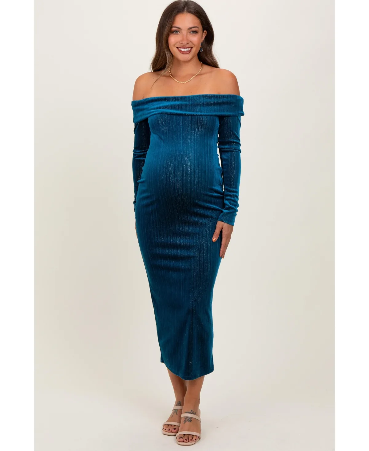 Shiny Velour Off Shoulder Midi Dress by PinkBlush