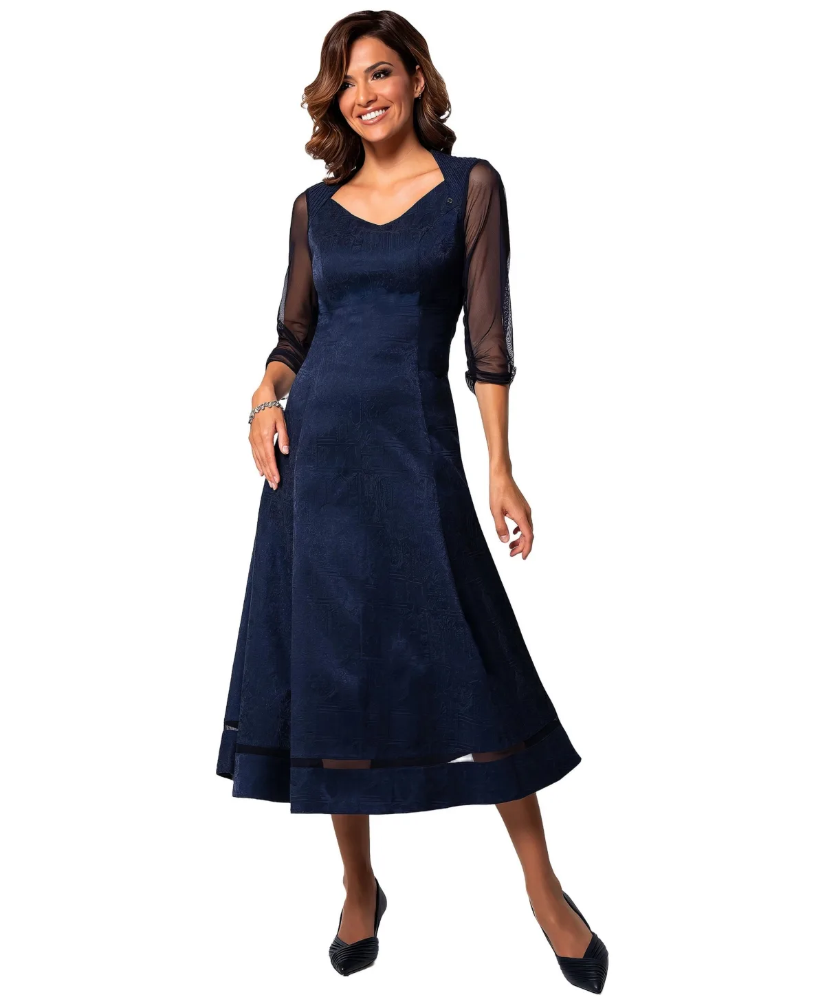 Lucy A-Line Sweetheart V-Neck 3/4 Sheer Sleeves Midi Dress