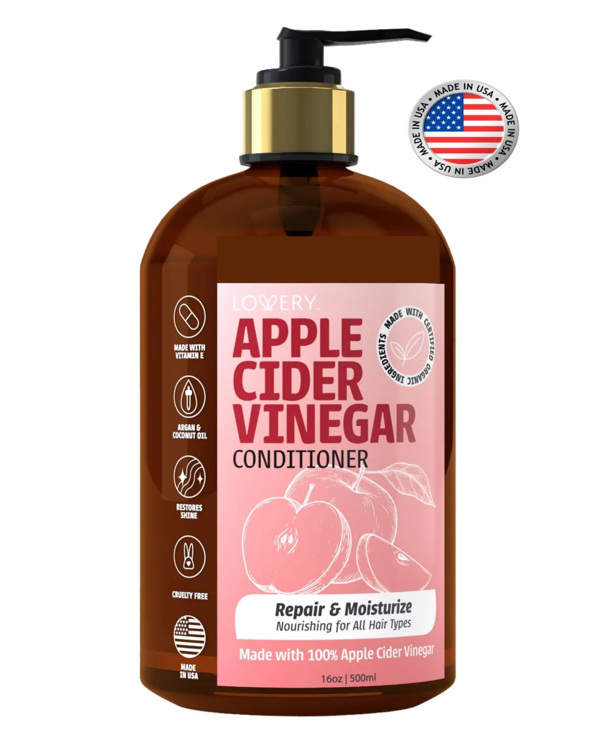 Apple Cider Vinegar Conditioner, Hair Care with Apple Cider Vinegar, Argan, Coconut and Jojoba Oils, Vitamin E, 16 Fl oz by Lovery