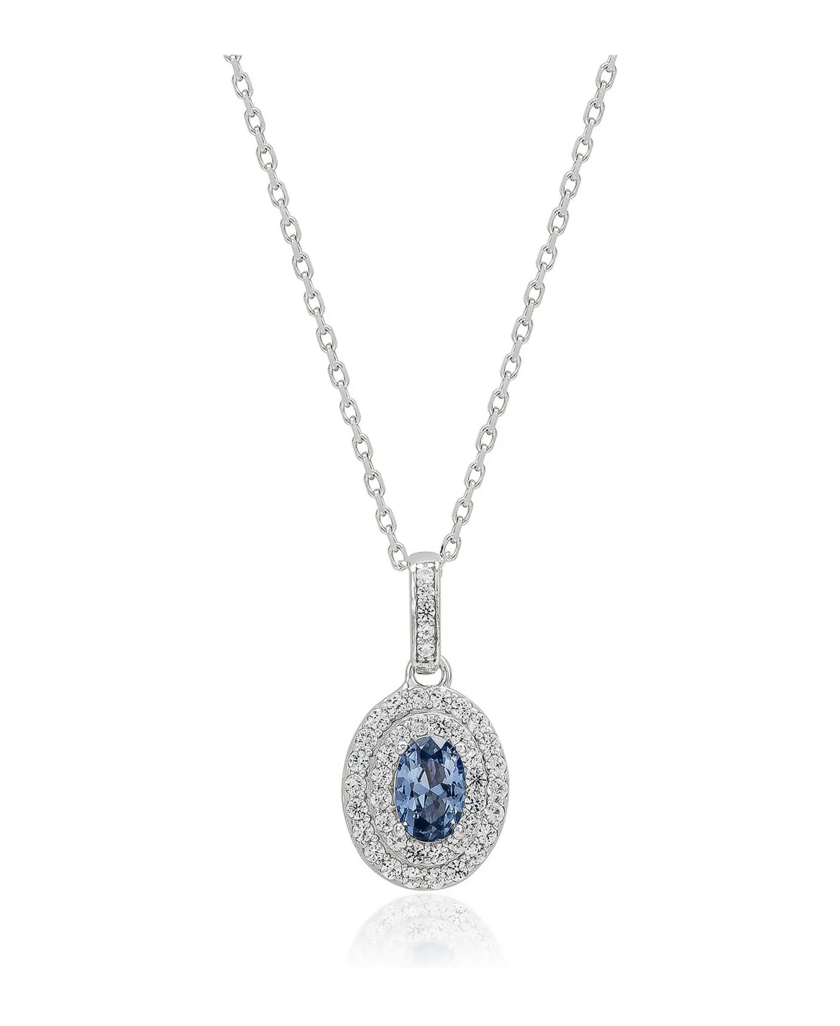 Sterling Silver Sapphire and Created Sapphire Double Halo Pendant Necklace by Suzy Levian New York