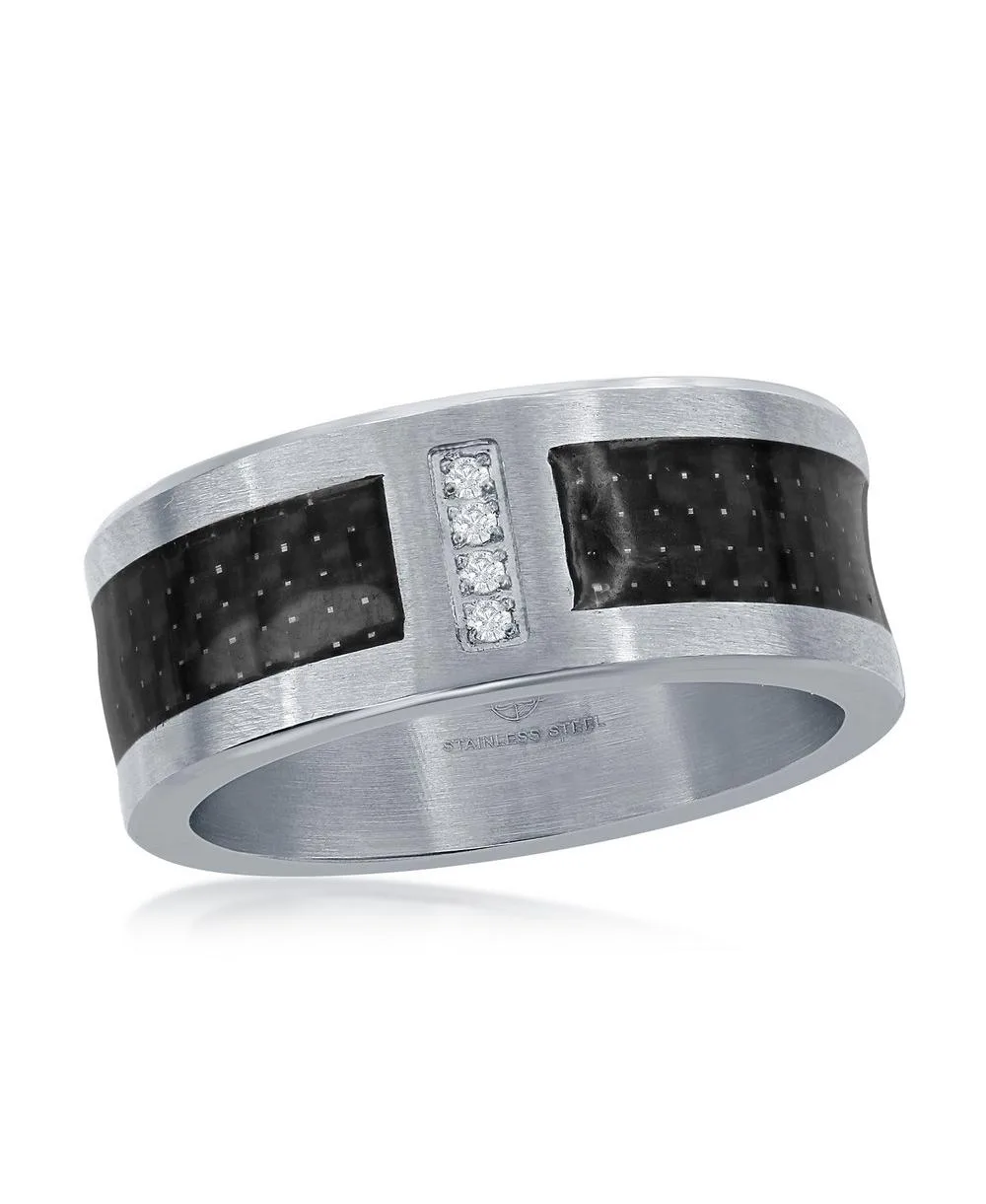 Stainless Steel Black Carbon Fiber CZ Ring by Metallo
