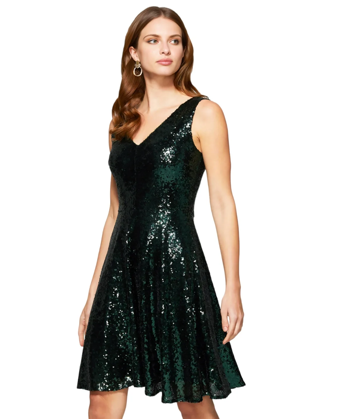 Sequin V Neck Fit and Flare Dress
