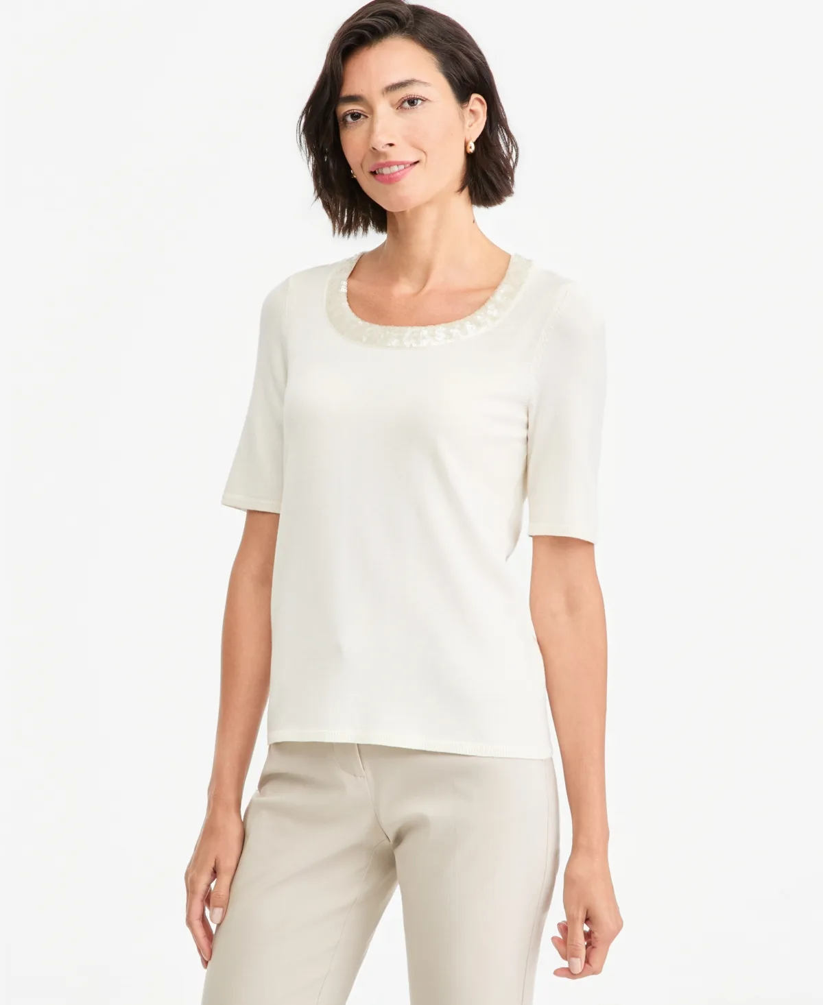 Short-Sleeve Scoop-Neck Embellished Sweater by JM Collection