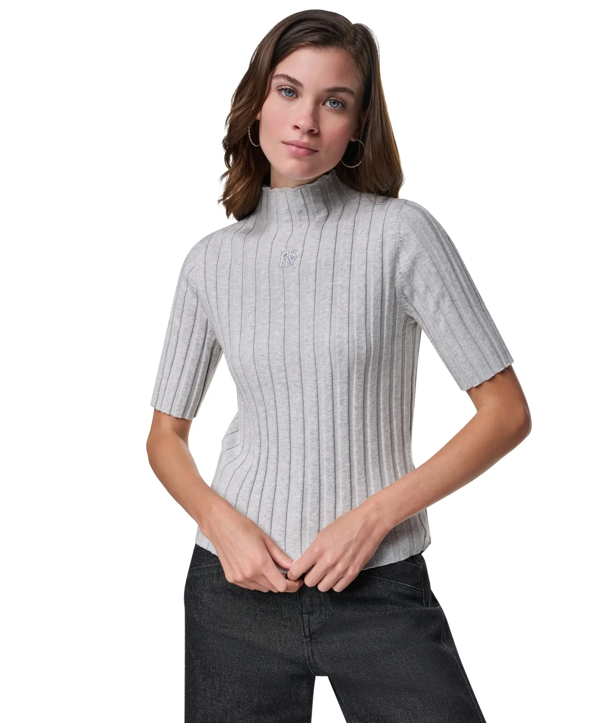 Dkny Jeans Mock Neck Elbow-Length Ribbed Cotton-Blend Sweater by DKNY