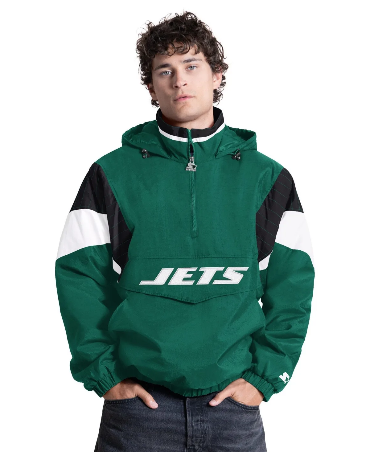 New York Jets the Throwback Half-Zip Hooded Sweatshirt by Starter