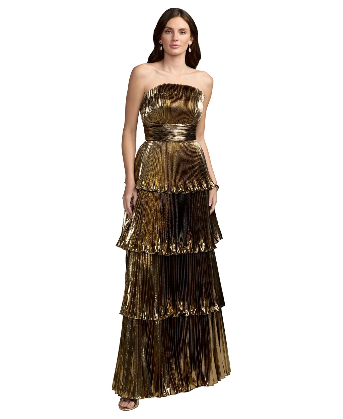 Metallic Pleated Tiered Strapless Gown by M.A.C.