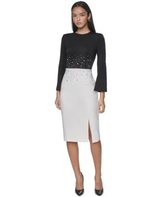 Colorblock Rhinestone Bell Sleeve Midi Dress by Calvin Klein