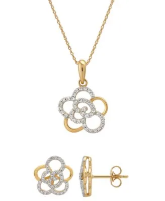 Diamond Rose Stud Earrings Pendant Necklace Collection in 10k Yellow Gold by Wrapped in Love