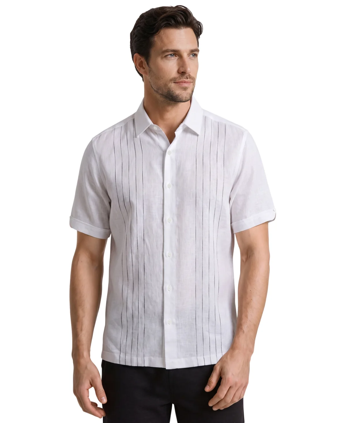 Linen-Blend Short Sleeve Classic Fit Point Collar Button-Up Shirt by Cubavera