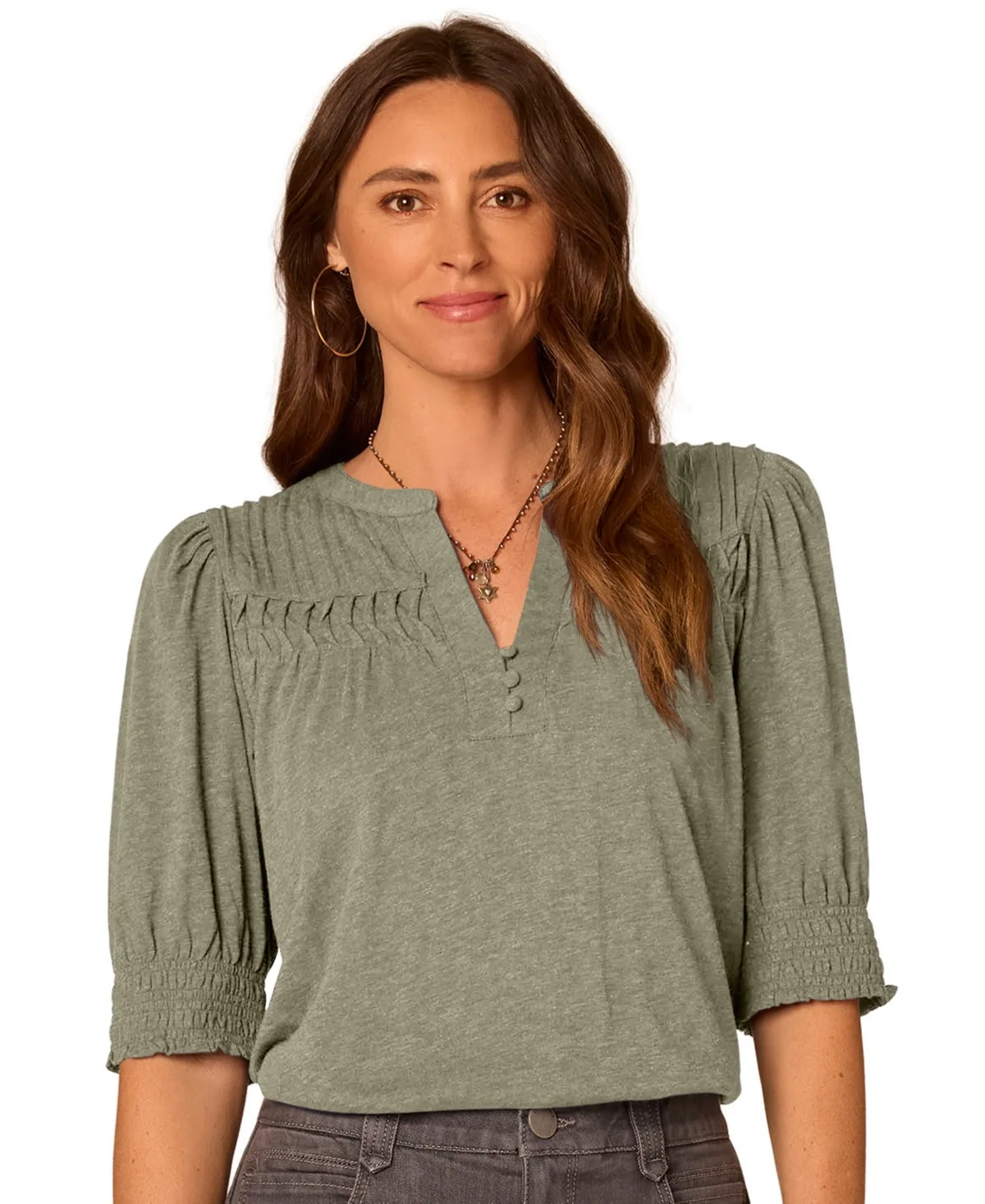 Blouson-Sleeve Mandarin Collar Knit Top by Democracy