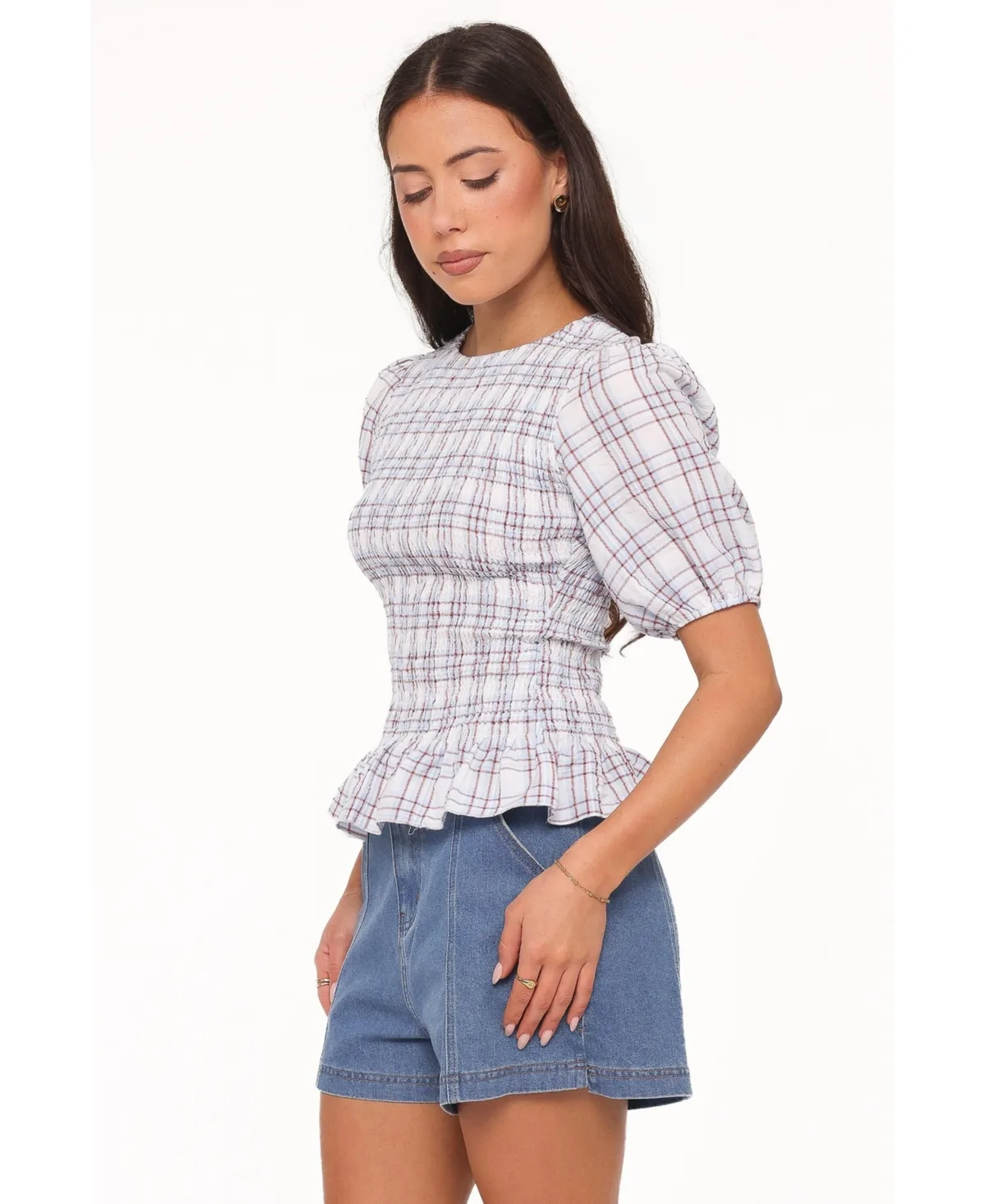 Callista Plaid Peplum Short-Sleeve Top by Petal and Pup