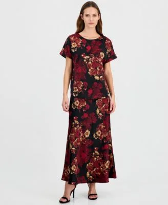 Short Sleeve Bateau Neck Printed Satin Blouse a Line Midi Skirt by Anne Klein