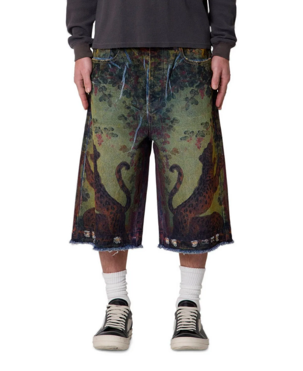 Ultra-Baggy Leopard-Print Denim Shorts, 14" Inseam by Mnml