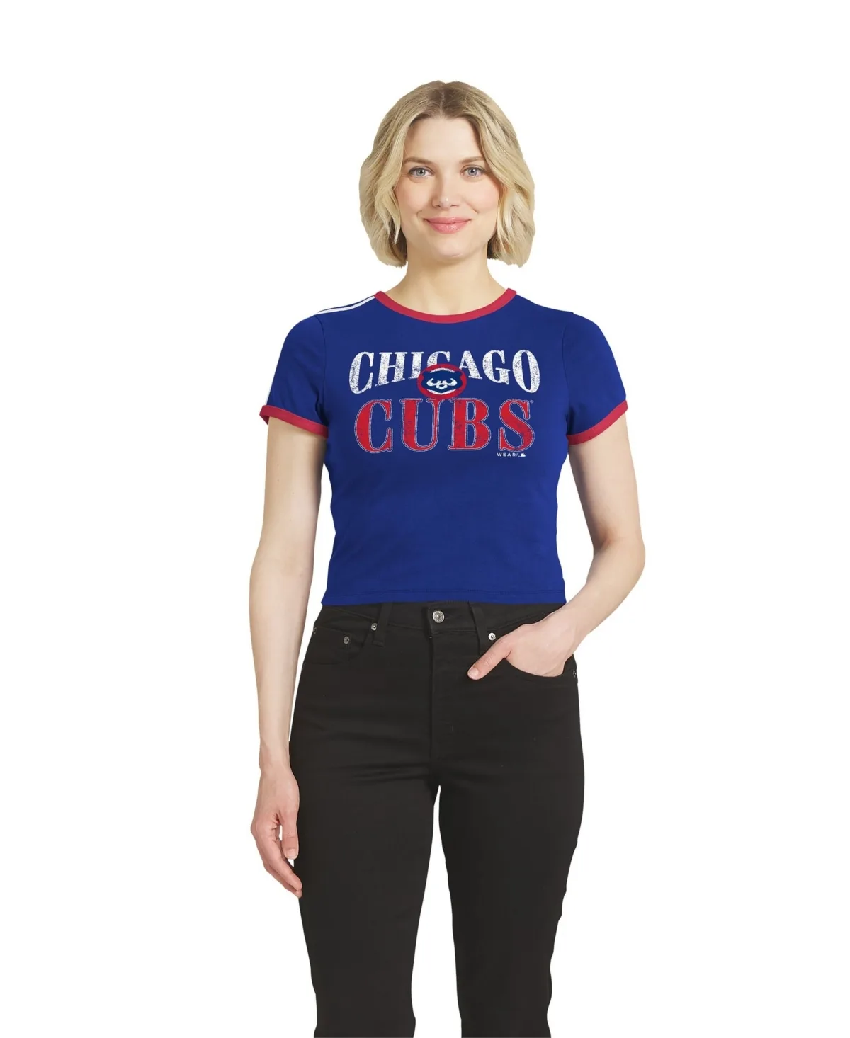 Chicago Cubs Cropped Throwback Ringer Baby T-Shirt by Wear by Erin Andrews