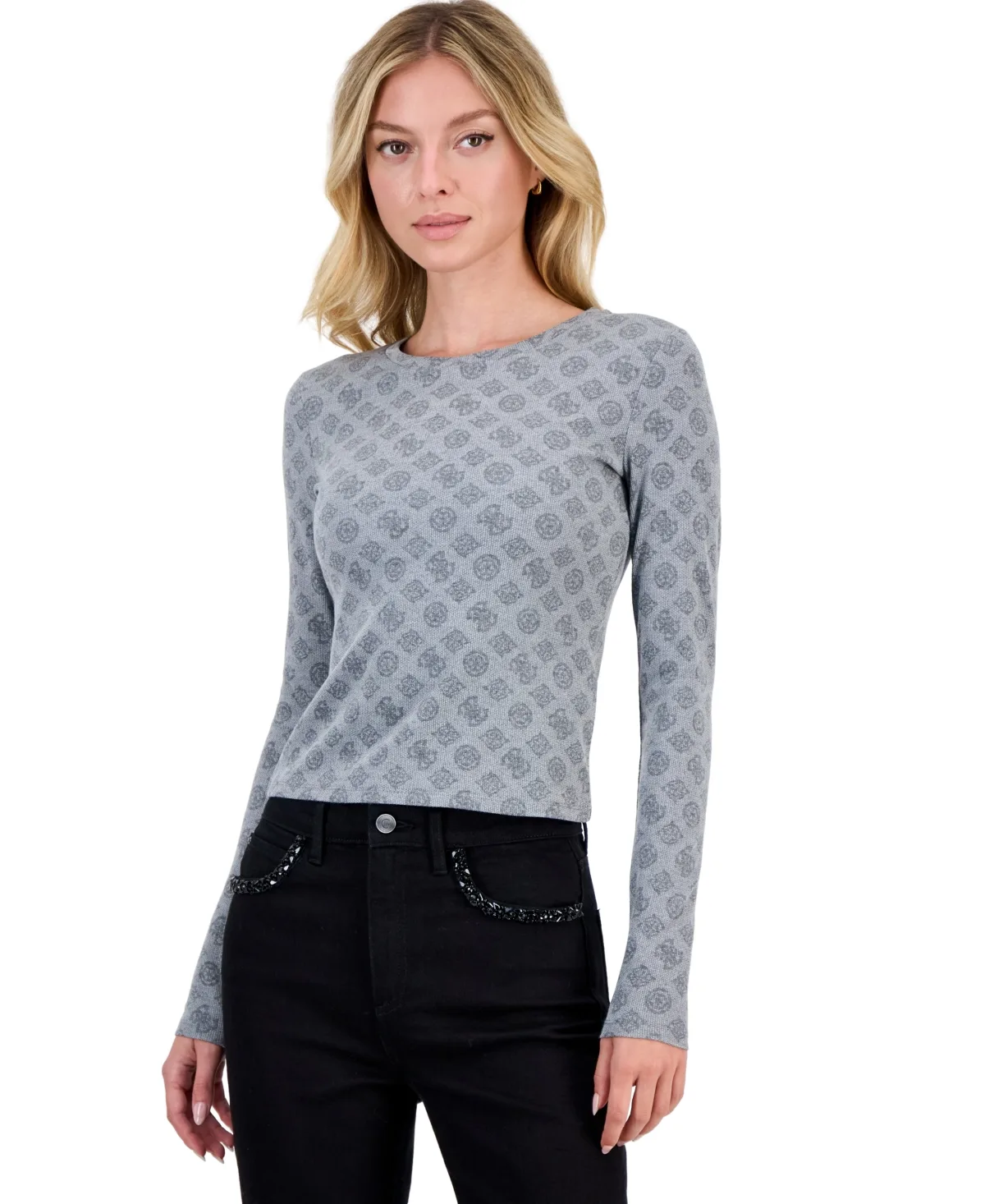 Fausta Allover Jacquard Logo Long-Sleeve Crewneck T-Shirt by GUESS