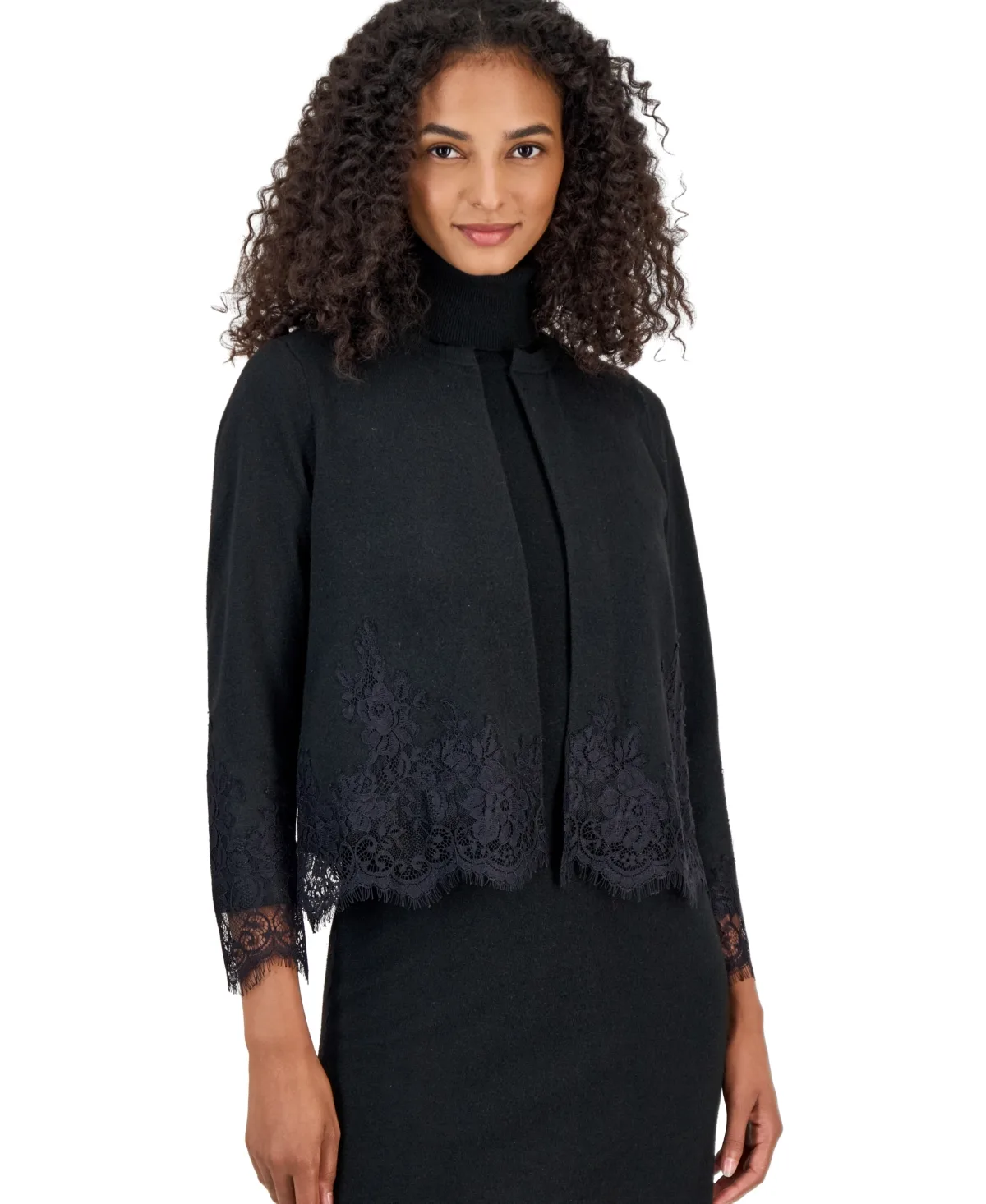 Lace Trim Long-Sleeve Crewneck Cardigan by Anne Klein