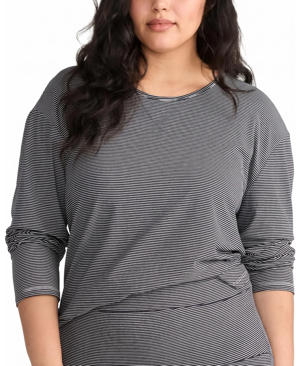 Pina Long-Sleeve Crewneck Lounge Tee - Fine Stripe in Navy/White by Universal Standard