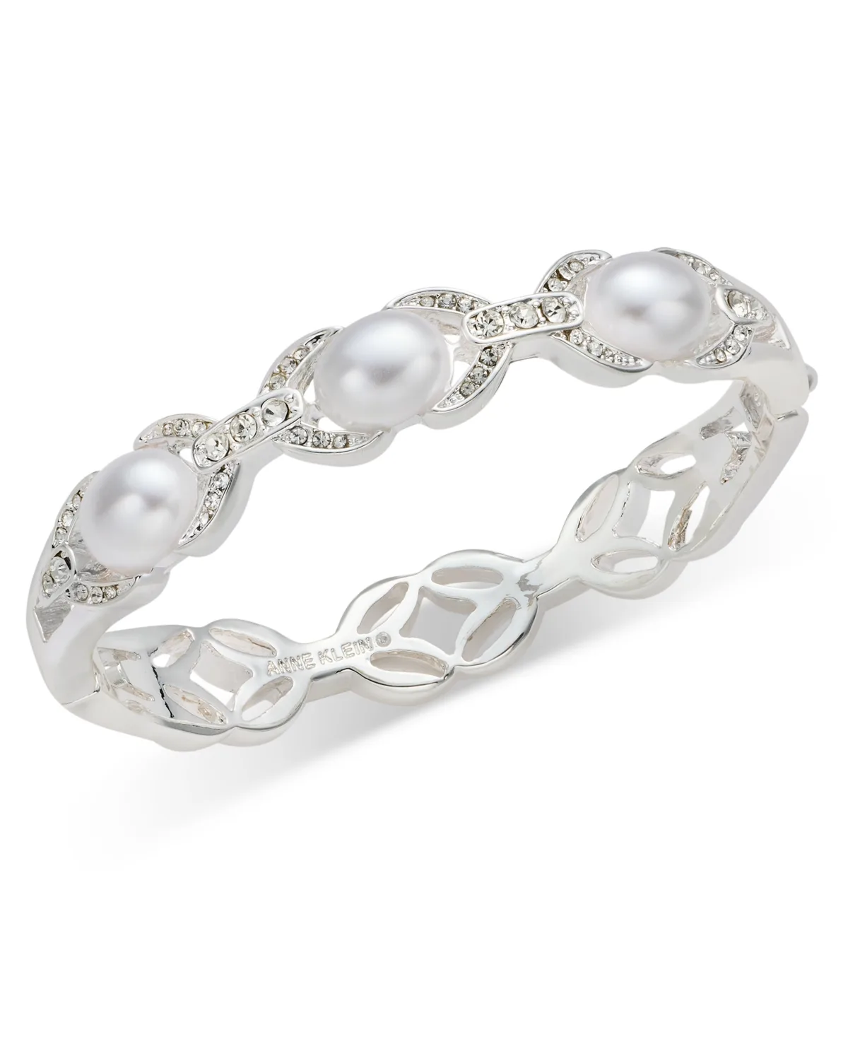 Imitation Pearl & Glass Crystal Silver-Tone Open Hinge Bracelet