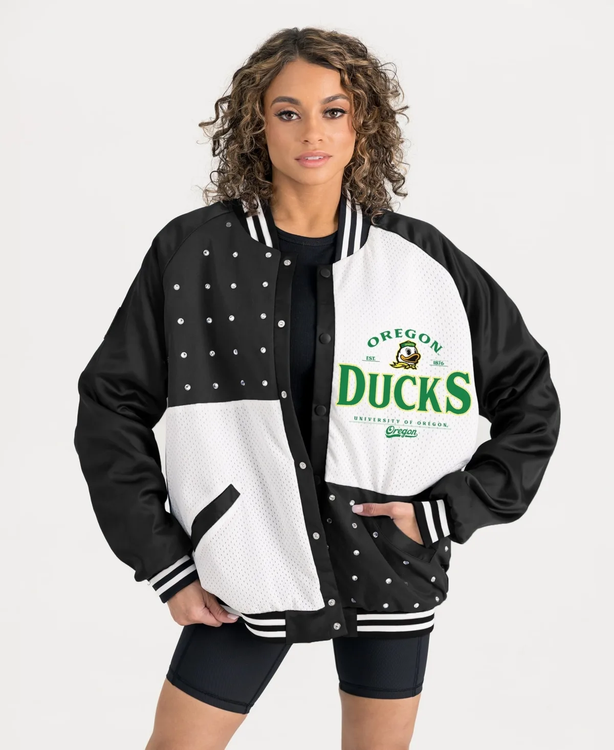 Oregon Ducks Oversized Inner Drive Varsity Rhinestone Full-Snap Bomber Jacket by Gameday Couture