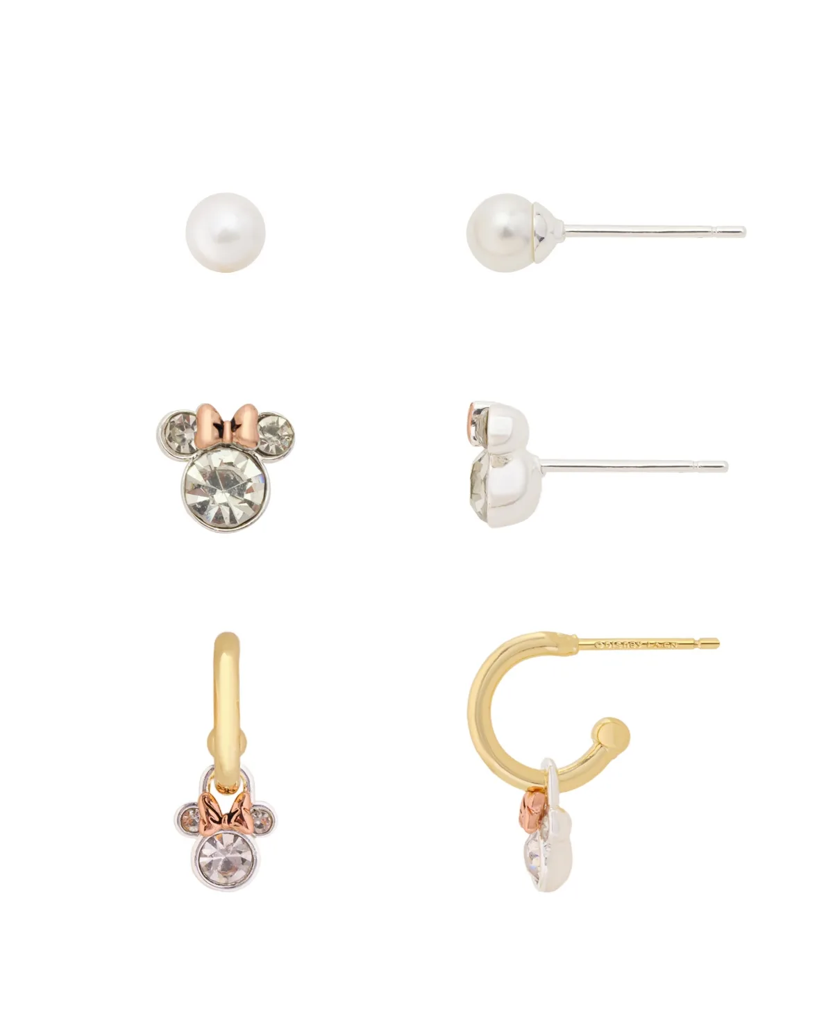 Faux Pearl and Crystal Minnie Gold Plated Hoop and Stud Earrings, 3-Piece Set by Disney