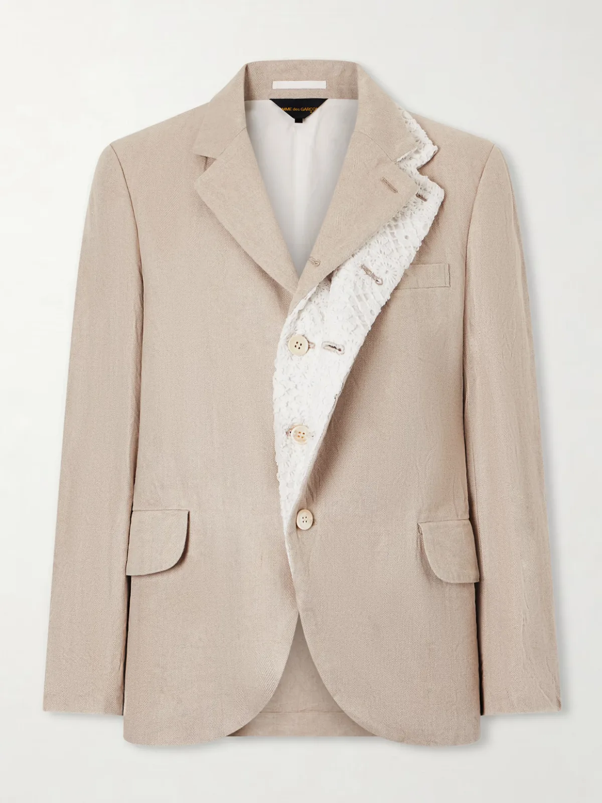 - Crochet-trimmed Herringbone Linen Blazer -