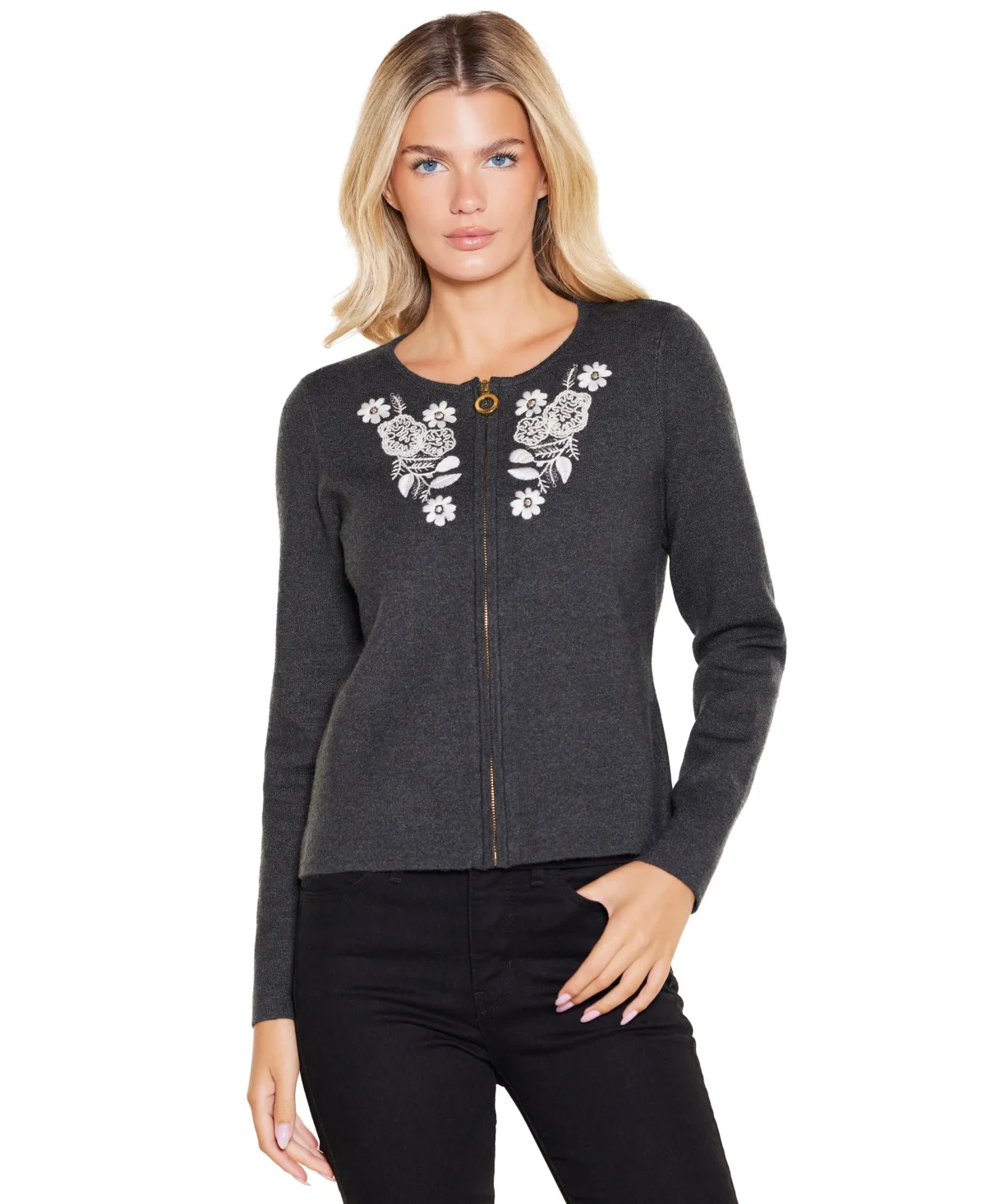 Floral-Embroidered Long-Sleeve Zip-Up Cardigan by Belldini