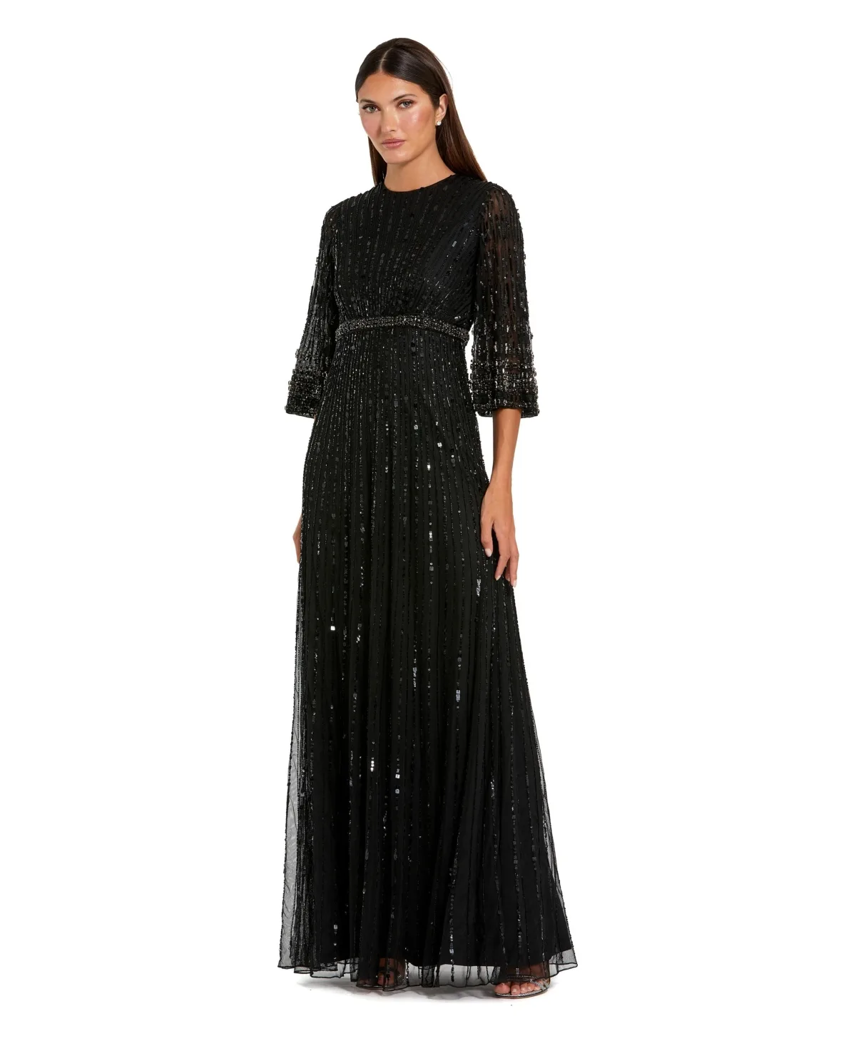Sequin-Embellished Three-Quarter Sleeve A-Line Gown