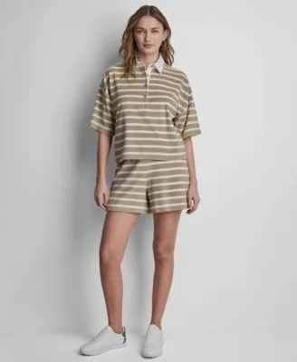 Jeans Towelling Terry Stripe Boxy Polo Top High Rise Pull on Shorts by DKNY