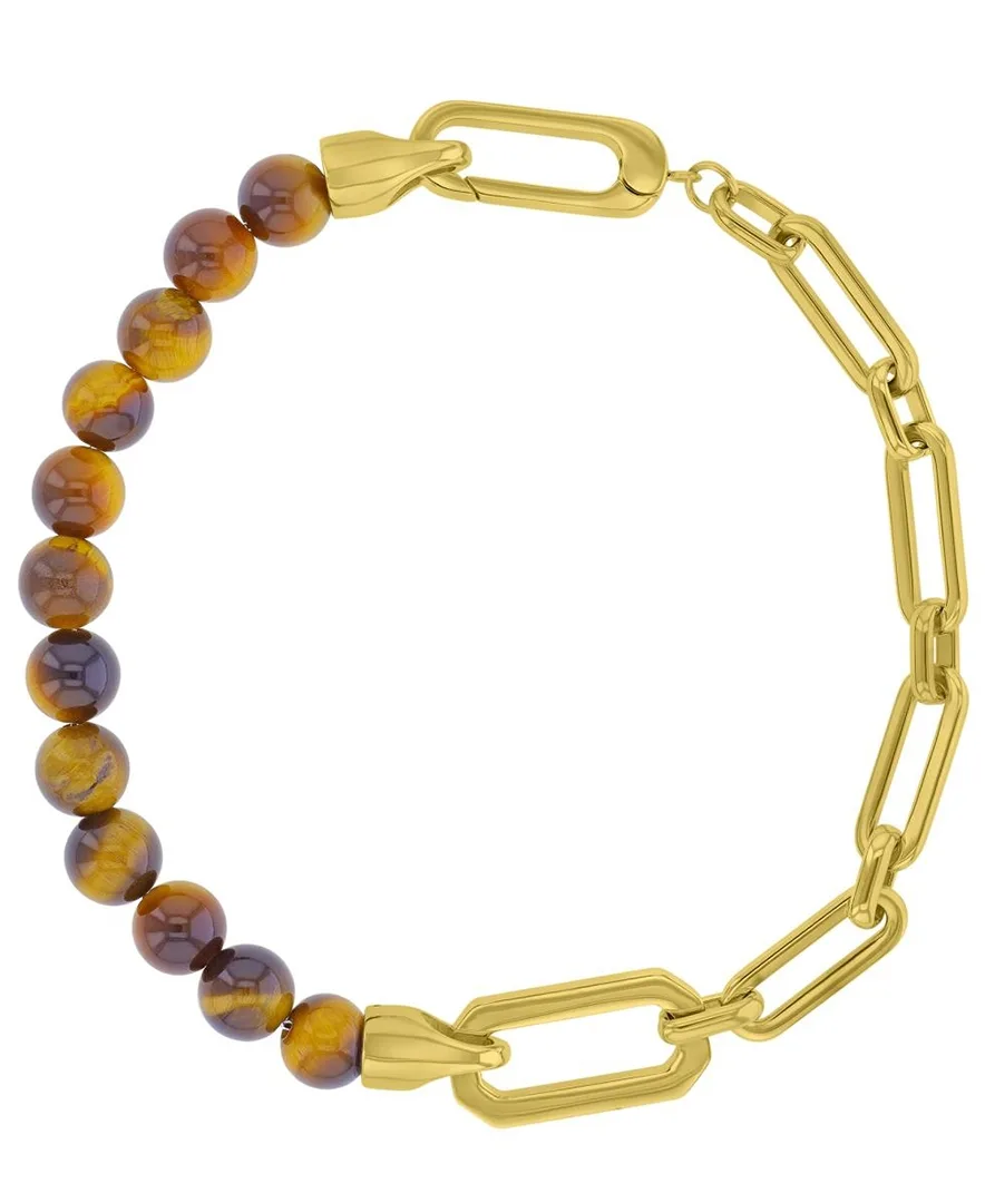 18k Gold-Plated Steel Yellow Tiger Eye Paper Clip Chain Bracelet by Quiksilver