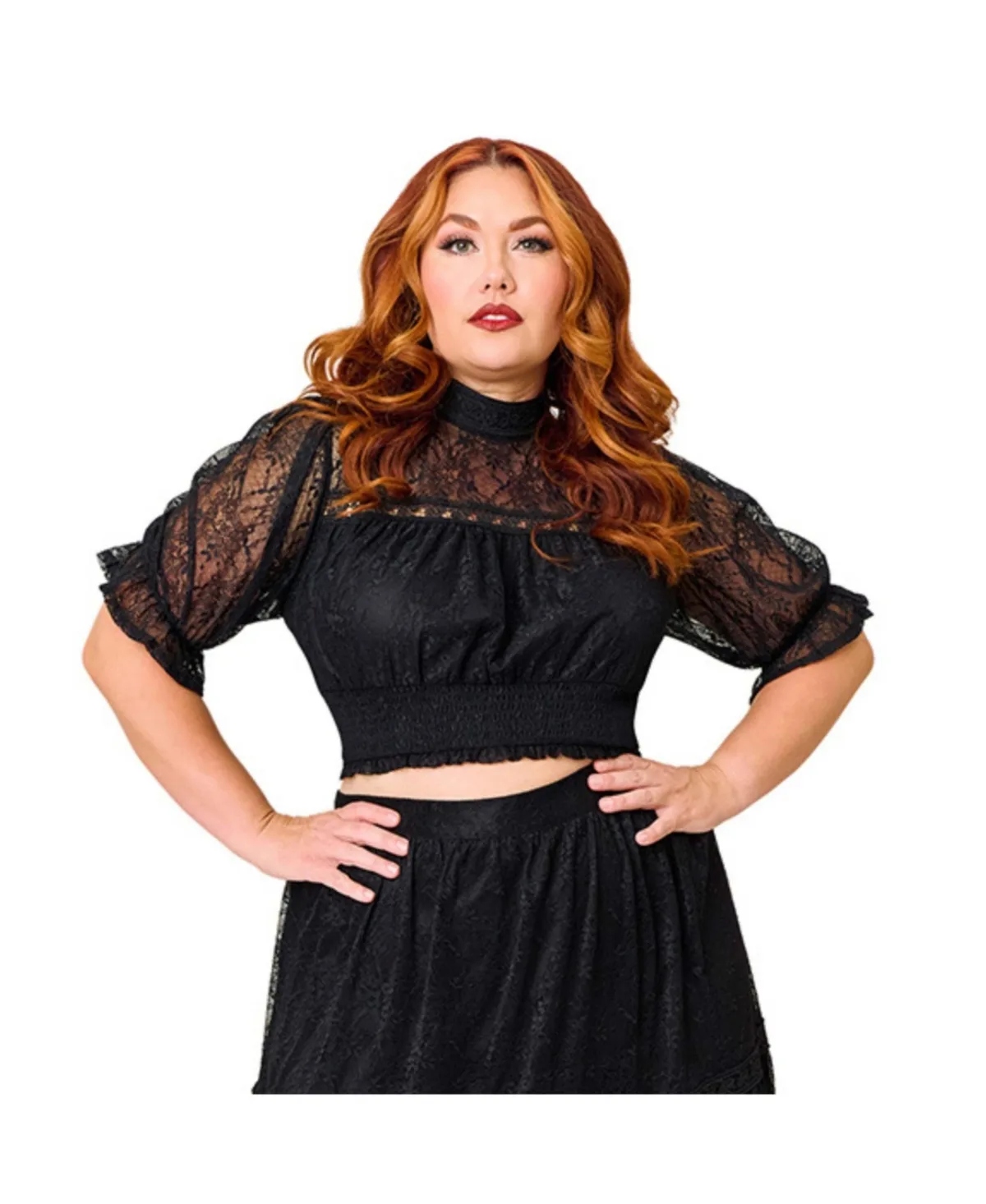 Lace Smocked-Waist Short-Puff-Sleeve Blouse by Unique Vintage