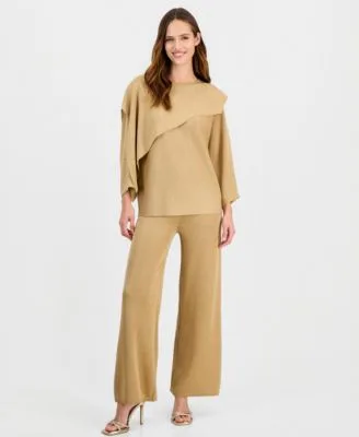 Boat Neck Cape Sweater Lurex Wide Leg Pull on Pants by Anne Klein