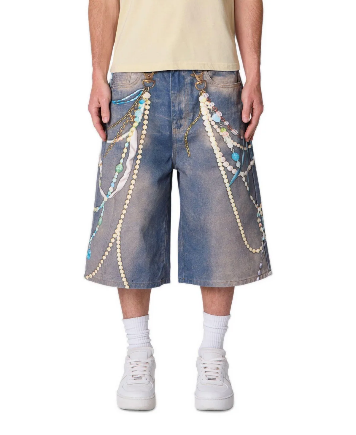 Chain Printed Baggy Denim Shorts, 14 Inseam by Mnml