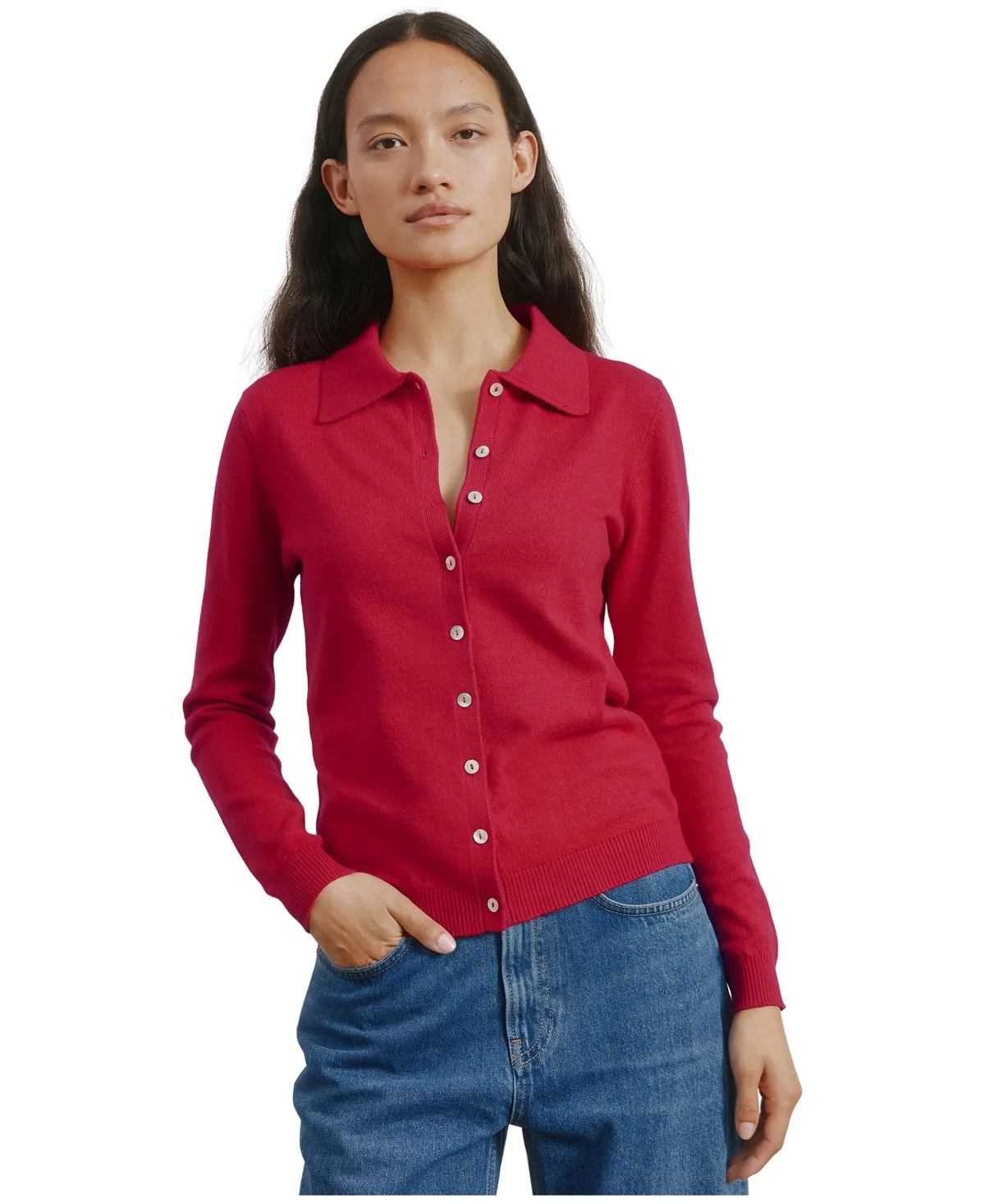 Button-Front Fitted Polo Top by Albaray
