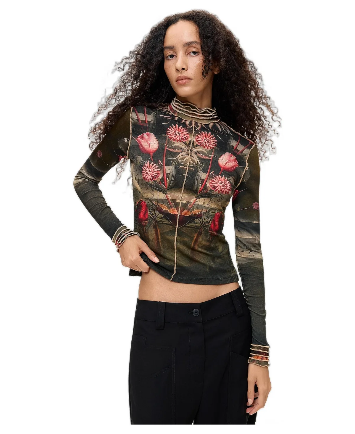High Neck Cropped Long-Sleeve T-Shirt