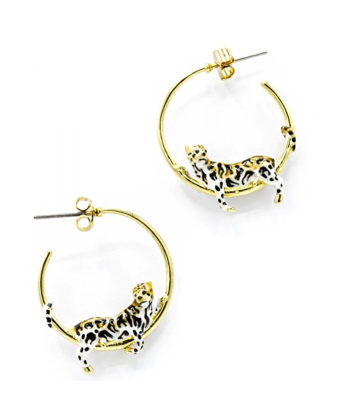 Gold-Tone Hand-Painted Enamel Clouded Leopard Statement Hoops
