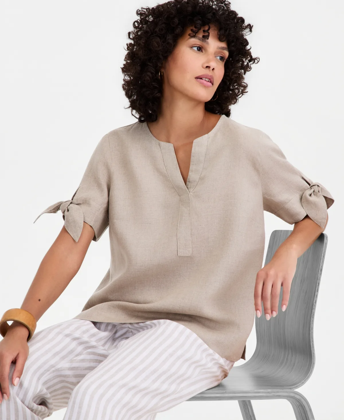 Split V-Neck Short-Sleeve Linen Blouse by Charter Club