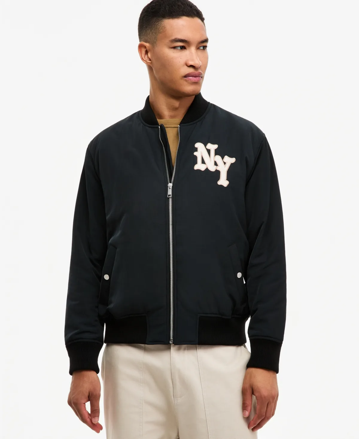 Ny Baseball Relaxed-Fit Graphic Ribbed Bomber Jacket by Mode of One